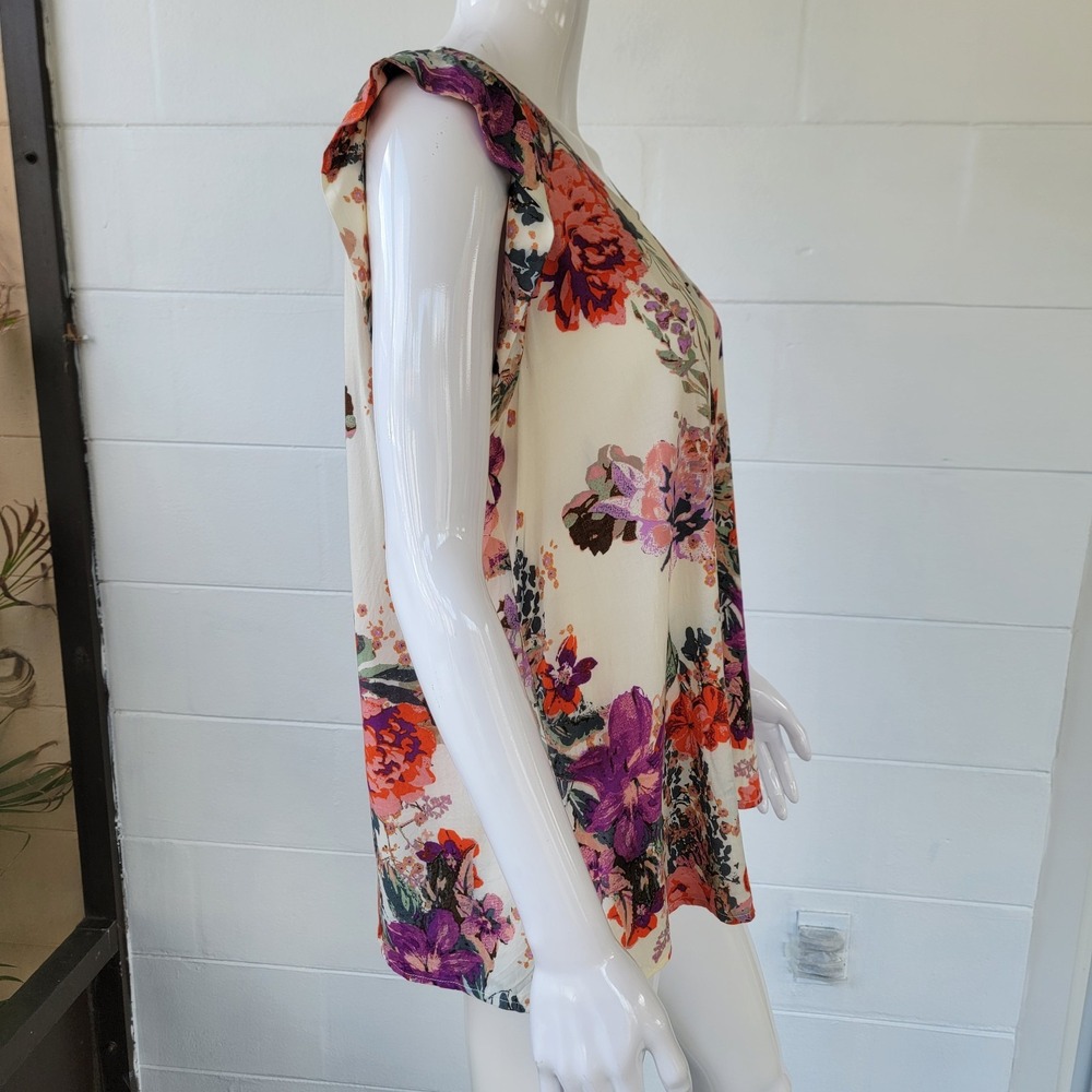Andree by Unit Floral Cap Sleeve Blouse Women's L Ivory Red Boho Chic Retro Top - Picture 2 of 10